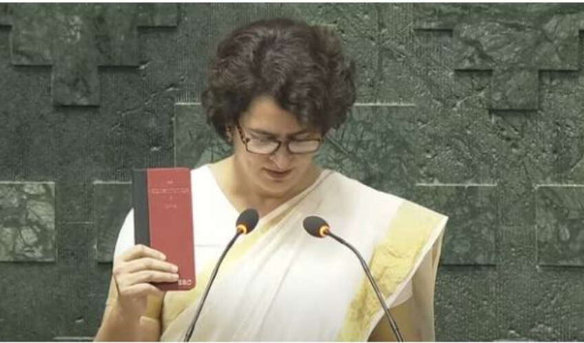 ഭരണഘടന ഉയര്ത്തിപ്പിടിച്ച് പ്രിയങ്കയുടെ സത്യപ്രതിജ്ഞ