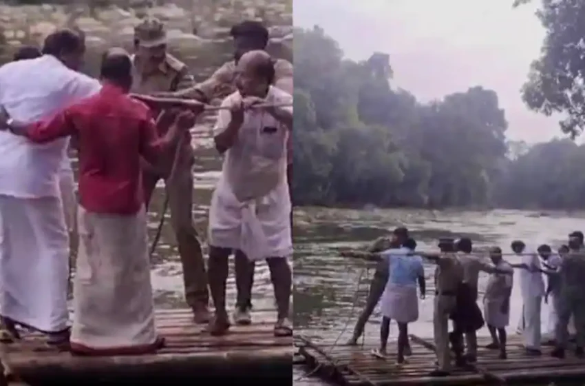  പുന്നപ്പുഴ കടക്കുന്നതിനിടെ മന്ത്രി ഒആർ കേളും എൽഡിഎഫ് നേതാക്കളും ചങ്ങാടത്തിൽ കുടുങ്ങി